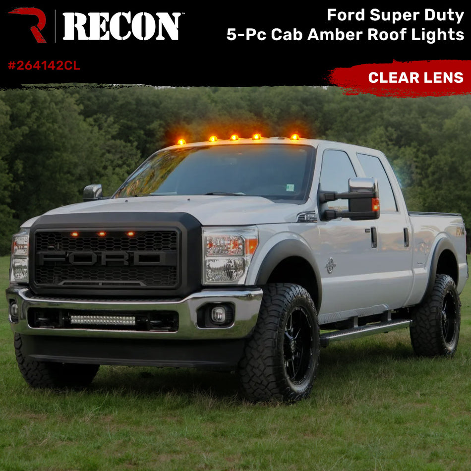 Ford Super Duty 99-16 5 Piece Cab Lights Amber Xenon Bulbs with Clear Lens - (Attn: This cab light kit replaces OEM factory installed Ford 99-16 cab roof light lenses)