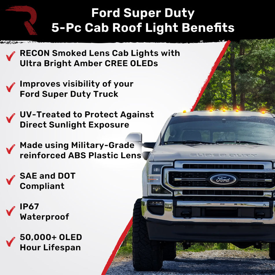 Ford Super Duty 17-22 (5-Piece Set) LED Cab Roof Light Kit with Smoked Lens & Amber LEDs - (Attn: This cab light kit replaces OEM factory installed cab roof lights)