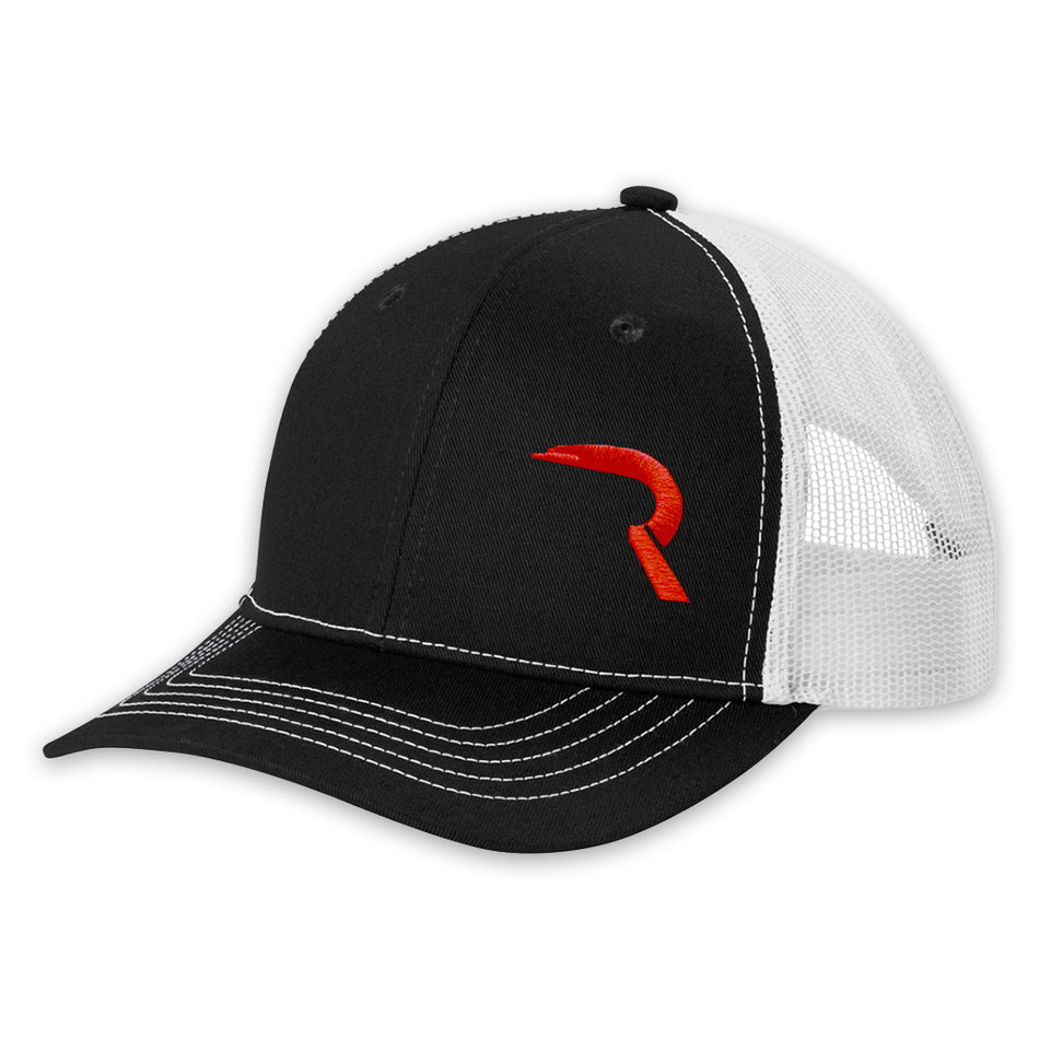 RECON "R" Trucker Snapback Hat - Black Front/White Mesh with Red Logo
