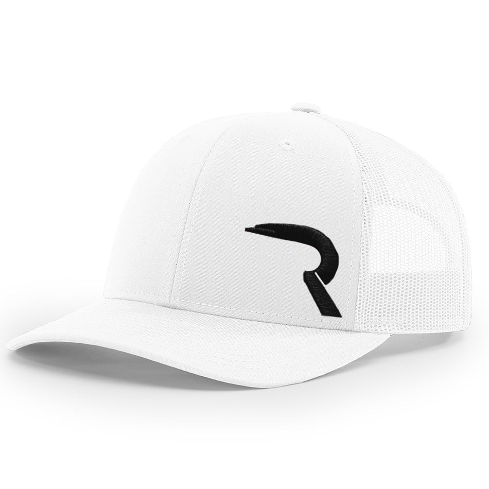 RECON "R" Trucker Snapback Hat - White with Black Logo