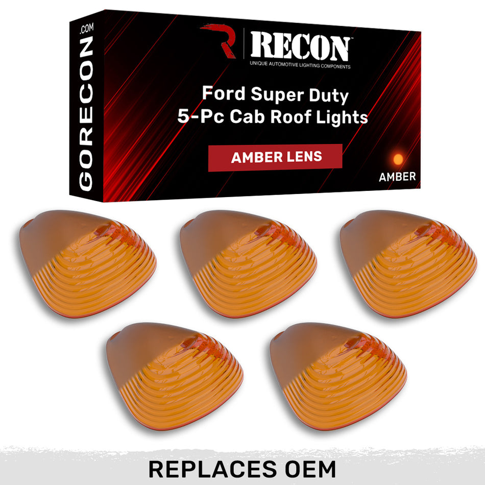 Ford Super Duty 99-16 5 Piece Cab Lights Amber Xenon Bulbs with Amber Lens - (Attn: This cab light kit replaces OEM factory installed Ford 99-16 cab roof light lenses)