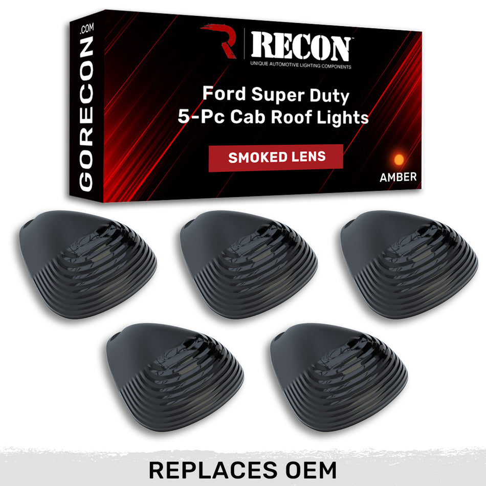 Ford Super Duty 99-16 5 Piece Cab Lights Amber Xenon Bulbs with Smoked Lens - (Attn: This cab light kit replaces OEM factory installed Ford 99-16 cab roof light lenses)