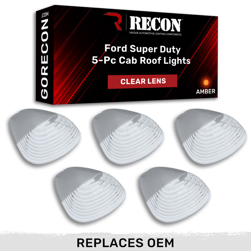 Ford Super Duty 99-16 5 Piece Cab Lights Amber Xenon Bulbs with Clear Lens - (Attn: This cab light kit replaces OEM factory installed Ford 99-16 cab roof light lenses)