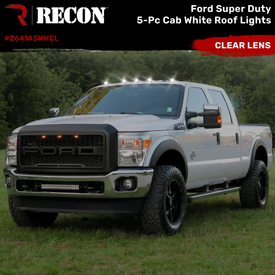 Ford Super Duty 99-16 5 Piece Cab Lights LED Clear Lens in White - (Attn: This part is for trucks that DID NOT come with factory installed cab roof lights)