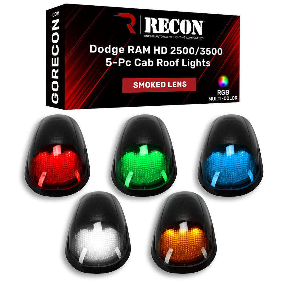 RECON Part # 264146BKRGB - Dodge RAM 03-18 Heavy-Duty 2500 & 3500 (5-Piece Set) Smoked Cab Roof Light Lens with RGB (Multi-Colored) High-Power LED's