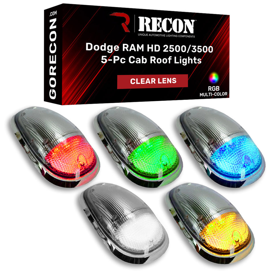 RECON Part # 264146CLRGB - Dodge RAM 03-18 Heavy-Duty 2500 & 3500 (5-Piece Set) Clear Cab Roof Light Lens with RGB (Multi-Colored) High-Power LED's