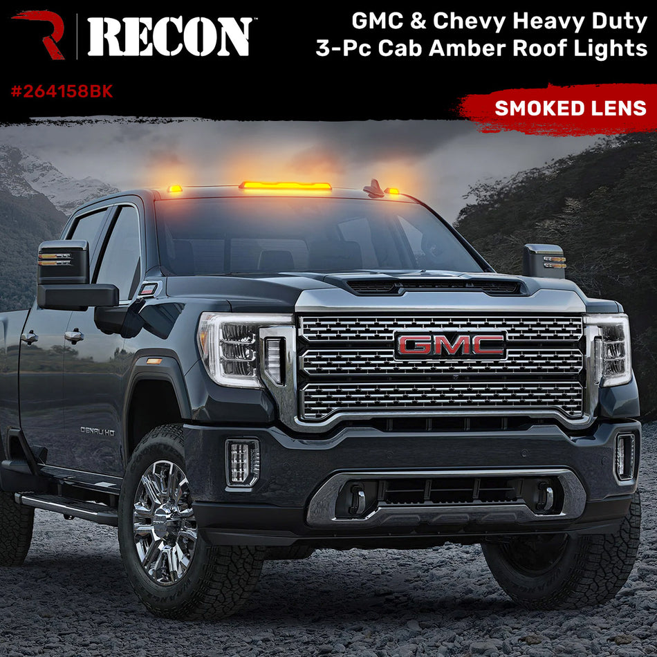 RECON Part # 264158BK - GMC & Chevy 20-24 (4th GEN Body Style) Heavy-Duty (3-Piece Set) Smoked Cab Roof Light Lens with Amber LED’s - (Attn: This cab light kit replaces OEM factory installed cab roof lights)