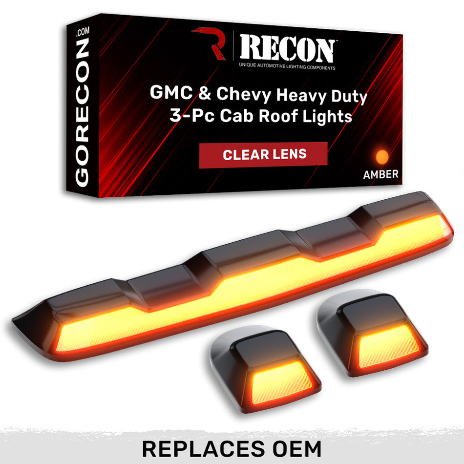 RECON Part # 264158CL - GMC & Chevy 20-24 (4th GEN Body Style) Heavy-Duty (3-Piece Set) Clear Cab Roof Light Lens with Amber LED’s - (Attn: This cab light kit replaces OEM factory installed cab roof lights)