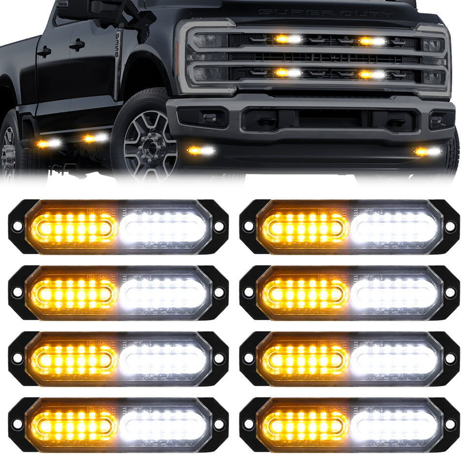 Universal 8-PC Ultra Slim Aluminum Surface Mounted 4.5" Emergency Ultra Bright LED Strobe Amber & White w/ 17 Light Functions