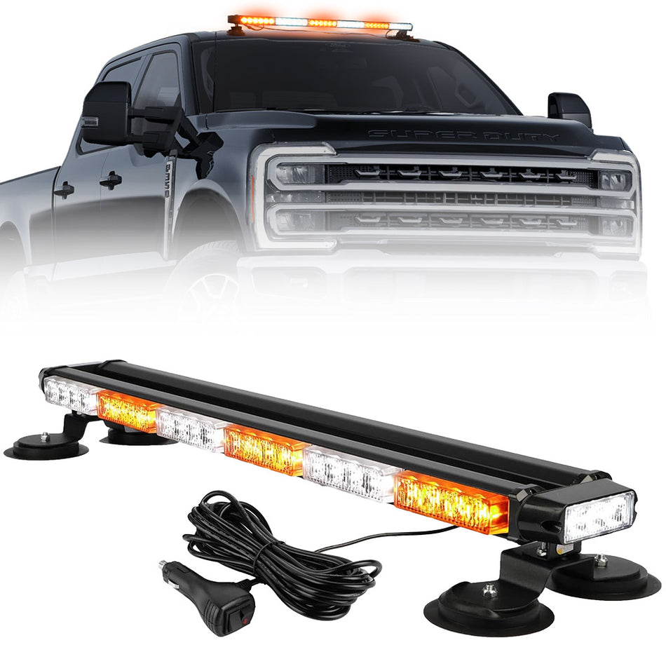 Exterior Roof Mounted 29.5" Emergency LED Strobe Light Bar in Amber & White - HD Magnetic Suction Cup Installation w/ 26 Lighting Functions