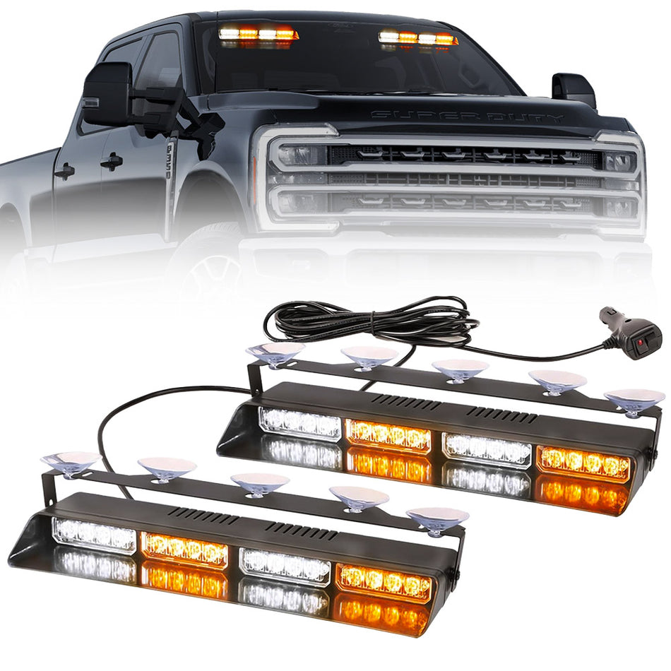 Interior Front Window 2-PC 14" LED Strobe Light Bars in Amber & White - Suction Cup Installation A/C Adapter Plug & Play Connectivity with 26 Lighting Functions