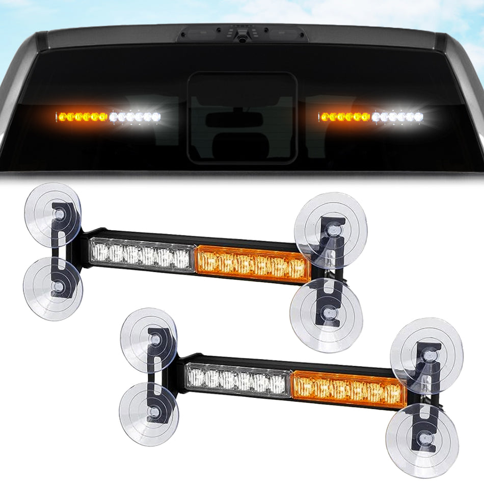 Interior Rear Window 2-PC LED Strobe/Flashing Light Bars in Amber & White - Suction Cup Installation A/C Adapter Plug & Play with 20 Lighting Functions