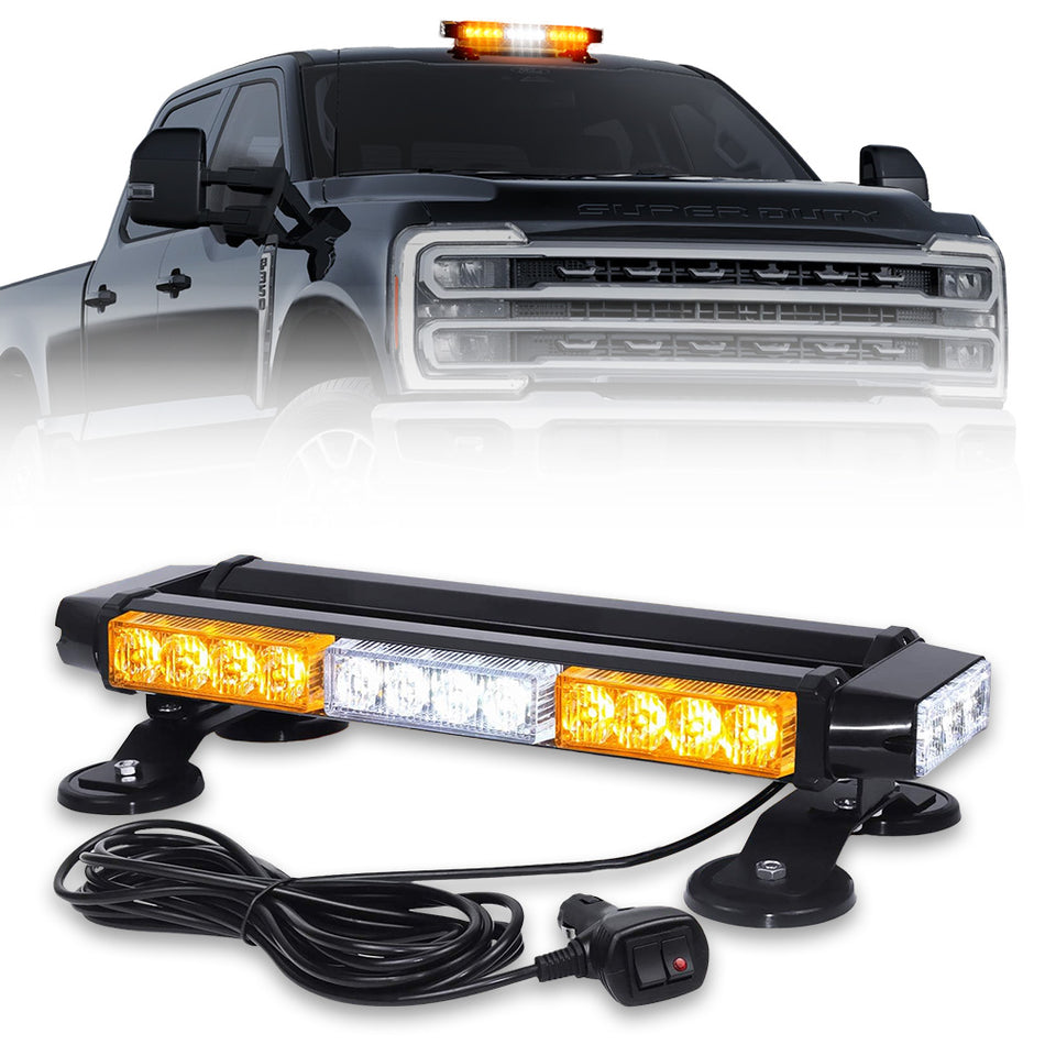 Exterior Roof Mounted 15" Emergency LED Strobe Light Bar in Amber & White - HD Magnetic Suction Cup Installation w/ 7 Light Functions