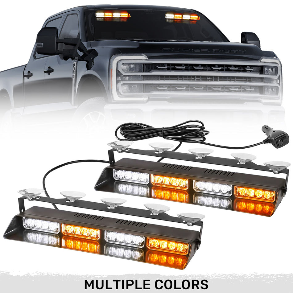 Interior Front Window 2-PC 14" LED Strobe Light Bars Suction Cup Installation A/C Adapter Plug & Play 26 Light Functions - Multiple Colors