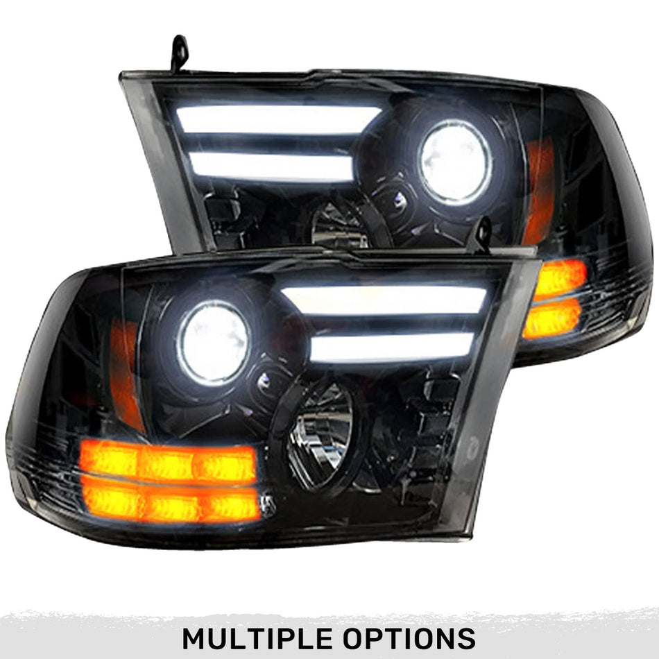 Dodge RAM 1500 14-24 Classic Body Projector Headlights OLED DRL & LED Signals in Smoked or Clear Lens