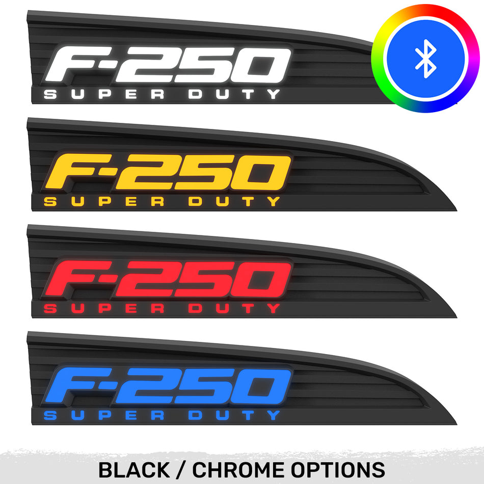 Ford F250 11-16 Bluetooth RGB Illuminated Side Fender Emblems 2-Piece Kit in Black or Chrome Finish