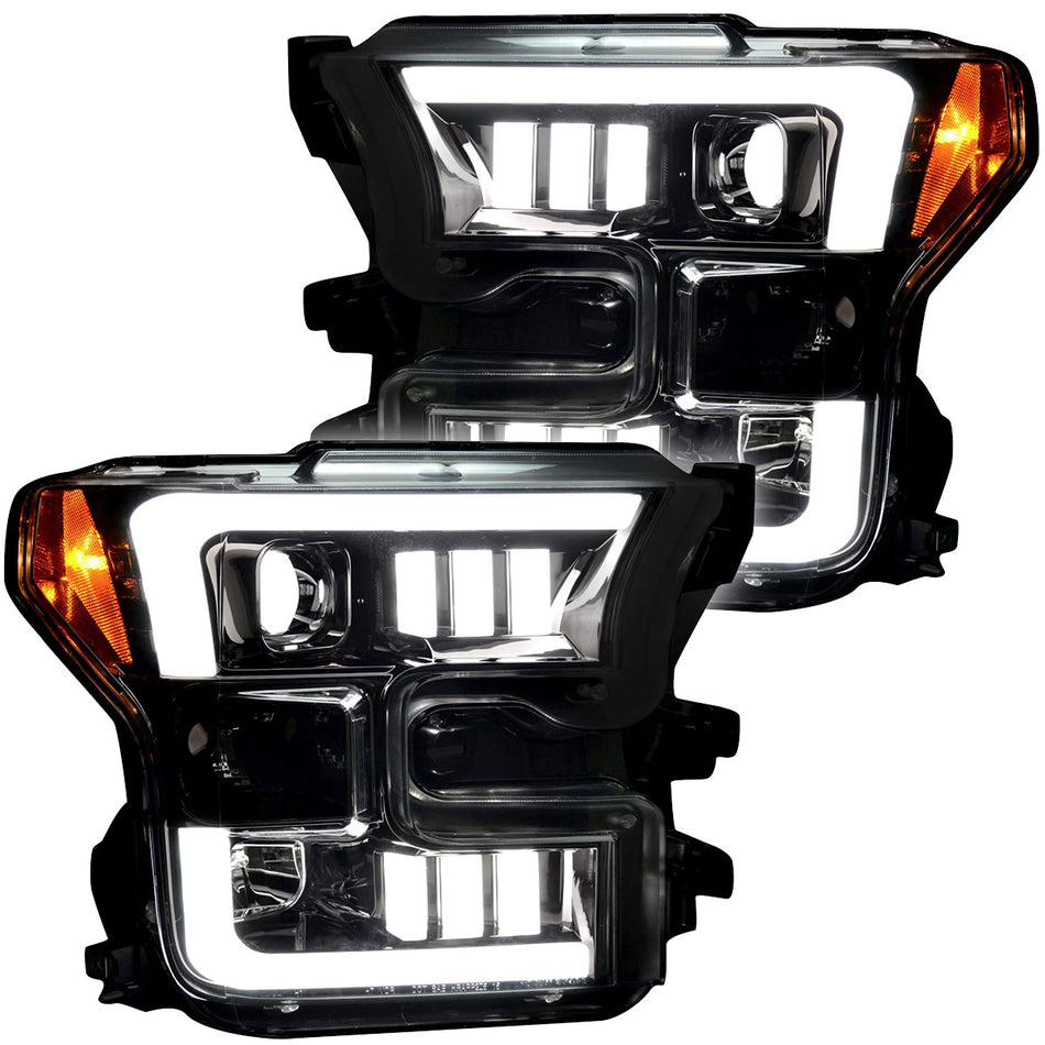 Ford F150 15-17 Projector Headlights w/ Ultra High Power Smooth White OLED DRL Scanning Amber LED Turn Signals (Replaces OEM Halogen Style Headlights) - Smoked Lens