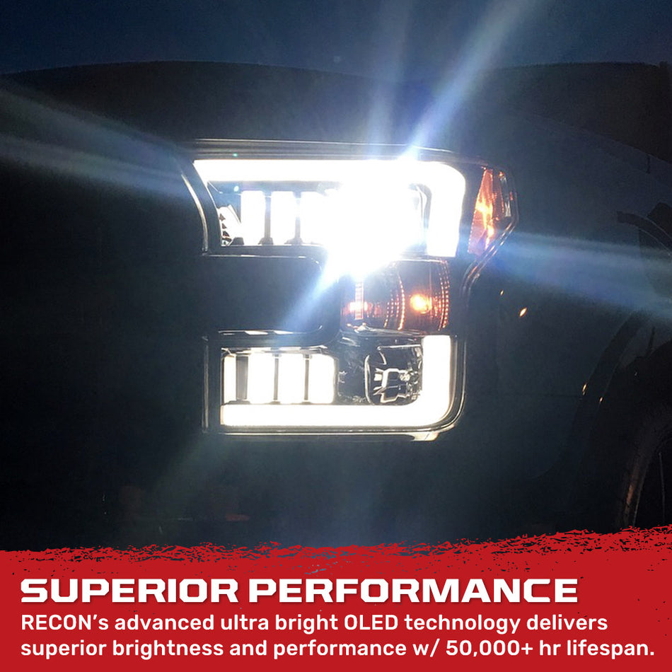 Ford F150 15-17 Projector Headlights w/ Ultra High Power Smooth White OLED DRL (Replaces OEM Halogen Style Headlights) - Smoked or Clear Lens