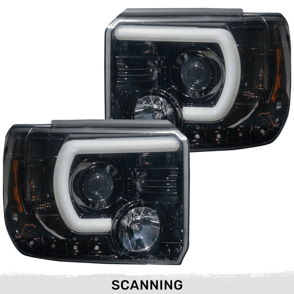 GMC Sierra 1500 14-18 Projector Headlights w OLED Amber DRLs & Scanning OLED Amber Turn Signals Smoked/Black