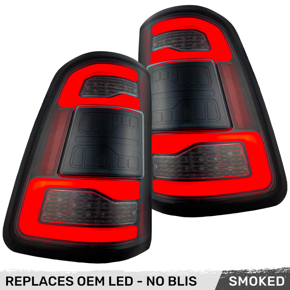 Dodge RAM 1500 19-23 OLED Tail Lights Smoked w/ Scanning Red Turn Signals w/ NO Blind Spot Sensor