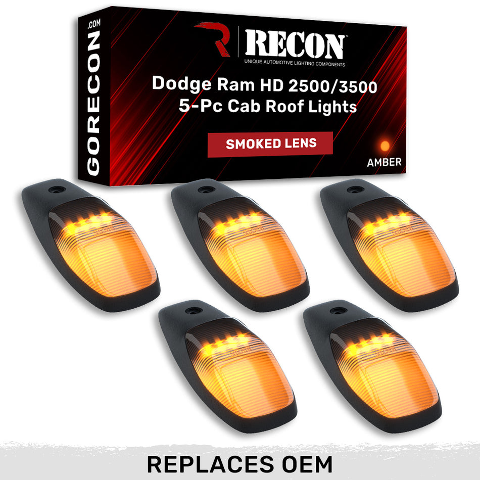 Dodge RAM HD 2500/3500 19-24 5-Piece Cab Roof Light Set LED Smoked Lens in Amber (Attn: This cab light kit replaces OEM factory installed cab roof lights)