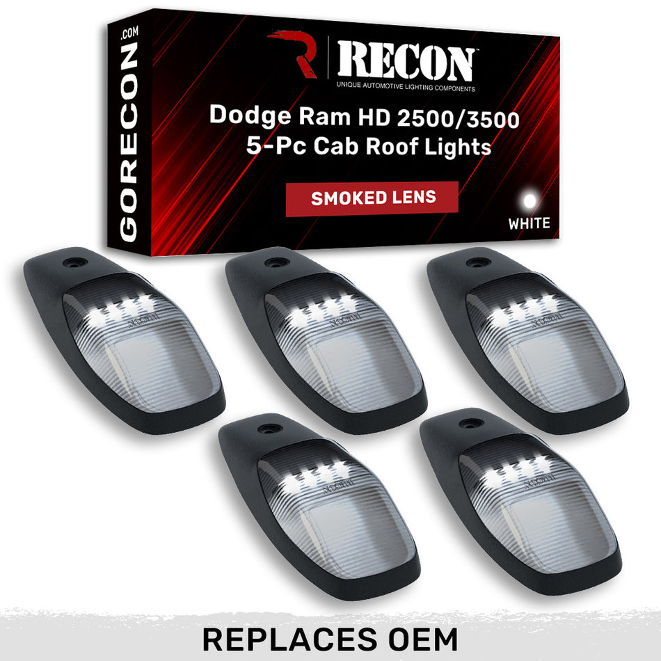 Dodge RAM HD 2500/3500 19-24 5-Piece Cab Roof Light Set LED Smoked Lens in White (Attn: This cab light kit replaces OEM factory installed cab roof lights)