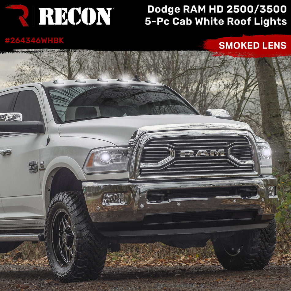 Dodge RAM HD 2500/3500 19-24 5-Piece Cab Roof Light Set LED Smoked Lens in White (Attn: This cab light kit replaces OEM factory installed cab roof lights)