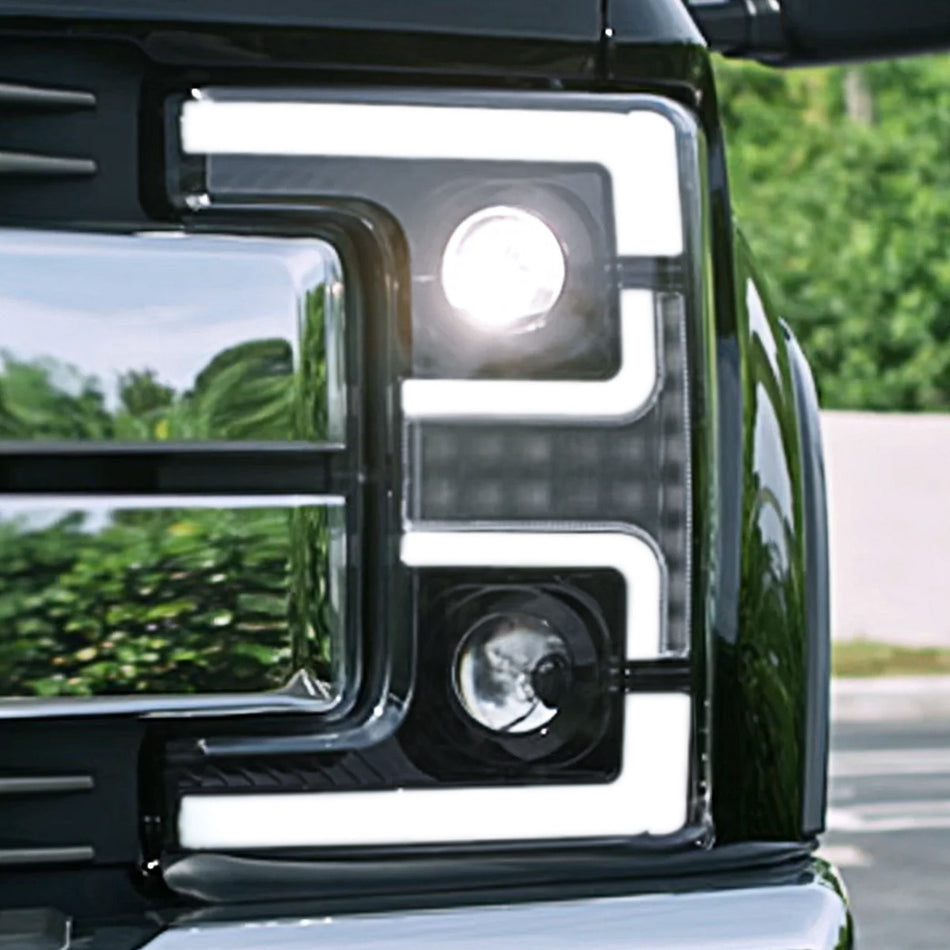 Ford Super Duty 17-19 Projector Headlights White OLED DRL, Scanning Amber LED Turn Signals - Smoked & Clear Lens