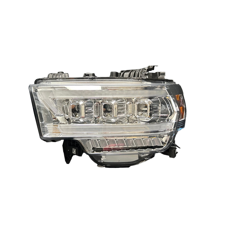 Dodge RAM 19-23 2500/3500 5th GEN Body Style w/ OEM Halogen & Standard Reflector Housing - LED PROJECTOR HEADLIGHTS w/ Ultra High Power Smooth OLED DRL & SCANNING SWITCHBACK High Power Amber LED Turn Signals - Clear / Chrome