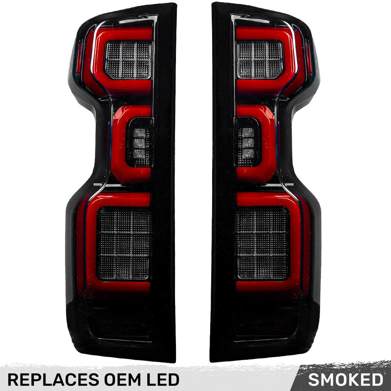 RECON Truck Accessories Ultra Bright OLED Tail Lights (multiple lens options; replaces factory/OEM LED tail lights only) for 2019-2025 Chevrolet Silverado 1500 (5.3L V8, 6.2L V8, 2.7L Turbo I4)
