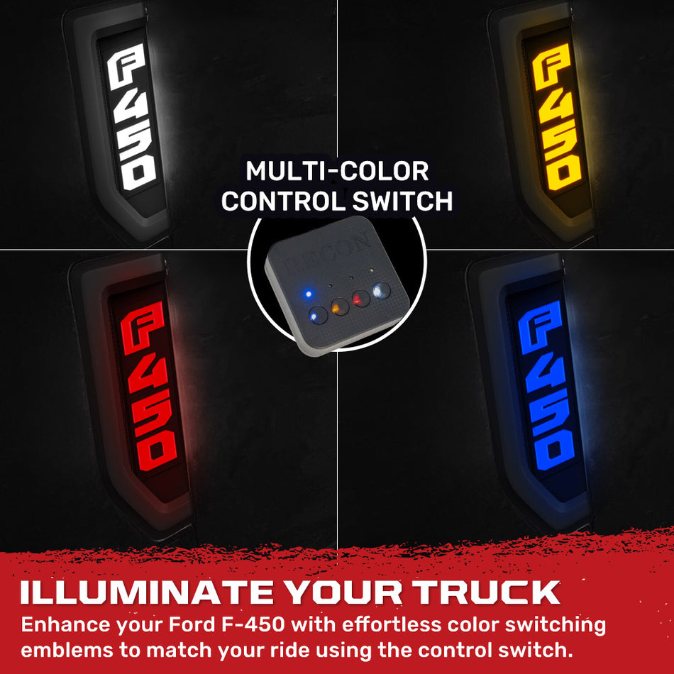 Ford F450 17-22 Illuminated Emblems in Black with Amber, Red, White & Blue LED