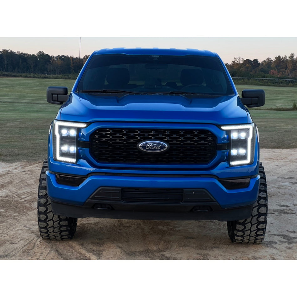 Ford F150 21-23 LED HEADLIGHTS w/ Ultra High Power LED HI & LOW BEAM & Smooth OLED DRL & SCANNING SWITCHBACK Amber LED Turn Signals (Replaces OEM Halogen Style Headlights Only) - Clear / Chrome