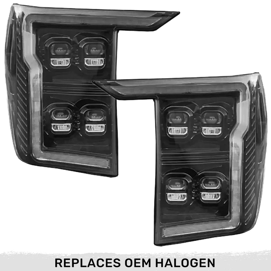 Ford F150 21-23 Full LED Projector Headlights w/ Ultra High Power Smooth OLED DRL & Scanning Switchback Amber Turn Signals (Replaces OEM Halogen Only) - Multiple Options