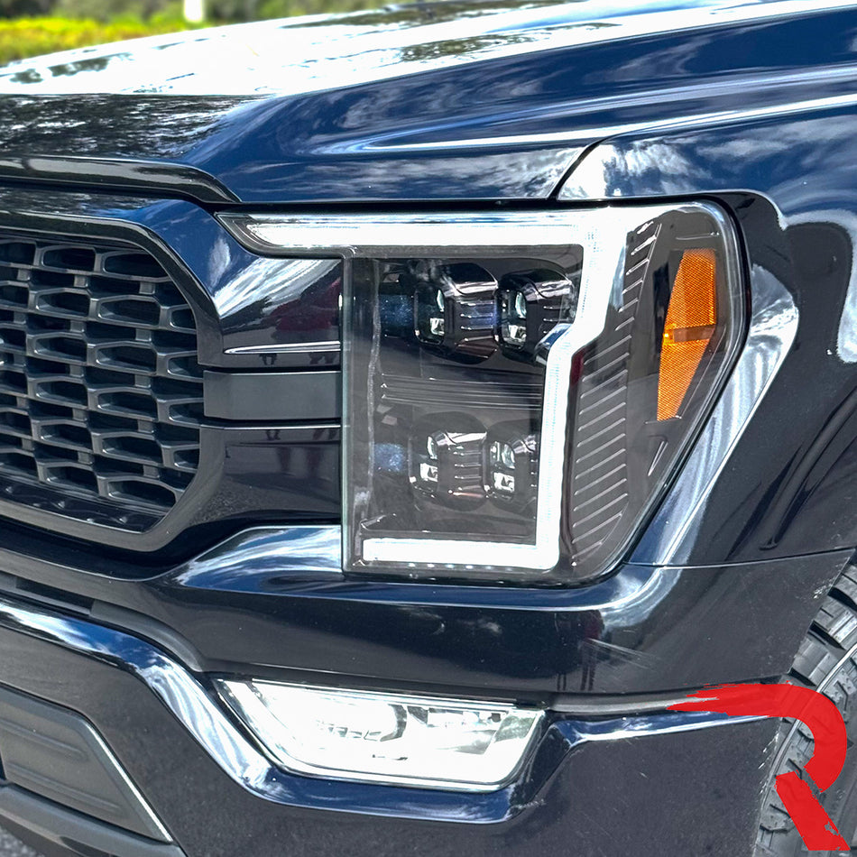 Ford F150 21-23 Full LED Projector Headlights w/ Ultra High Power Smooth OLED DRL & Scanning Switchback Amber Turn Signals (Replaces OEM Halogen Only) - Multiple Options