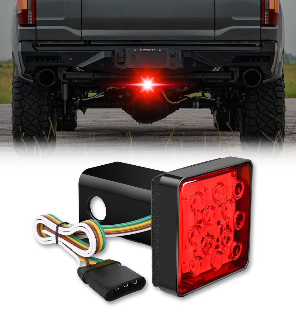 2" Trailer Tow Hitch Cover with Red Square Ultra Bright LED Brake & Tail Light w/ 4-PIN Trailer Plug