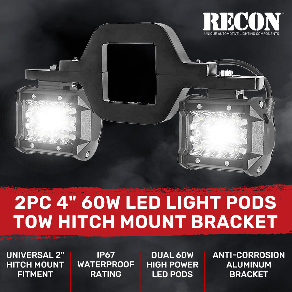 2" Universal Tow Hitch Mount Bracket w/ 2-Piece 60W LED Light Pods for Backup/Reverse Lights