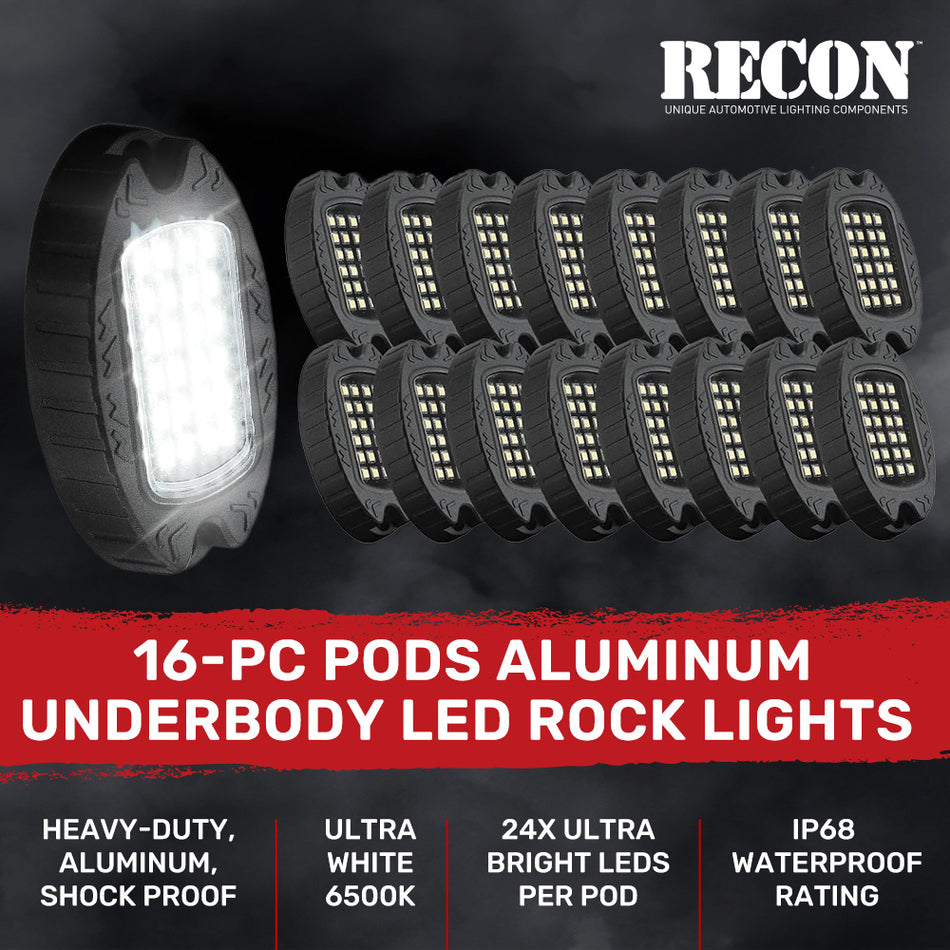 Universal 16-Pc Heavy Duty Aluminum Ultra Bright 6500K LED Underbody Rock Lights - White