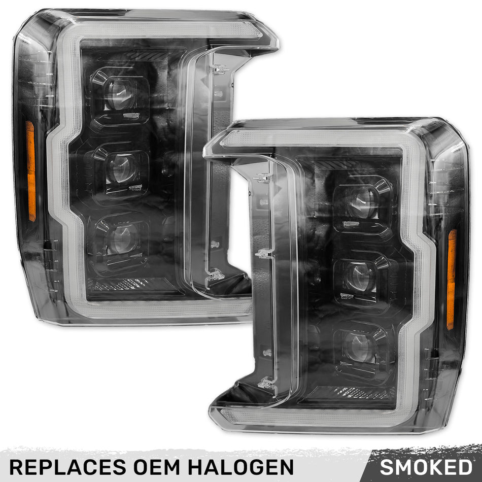Ford 23-26 Super Duty (F250, F350, F450, F550) Full LED Projector Headlights Ultra High Power White OLED DRL & Scanning Amber Turn Signals w/ Startup Light Sequence - Smoked / Black