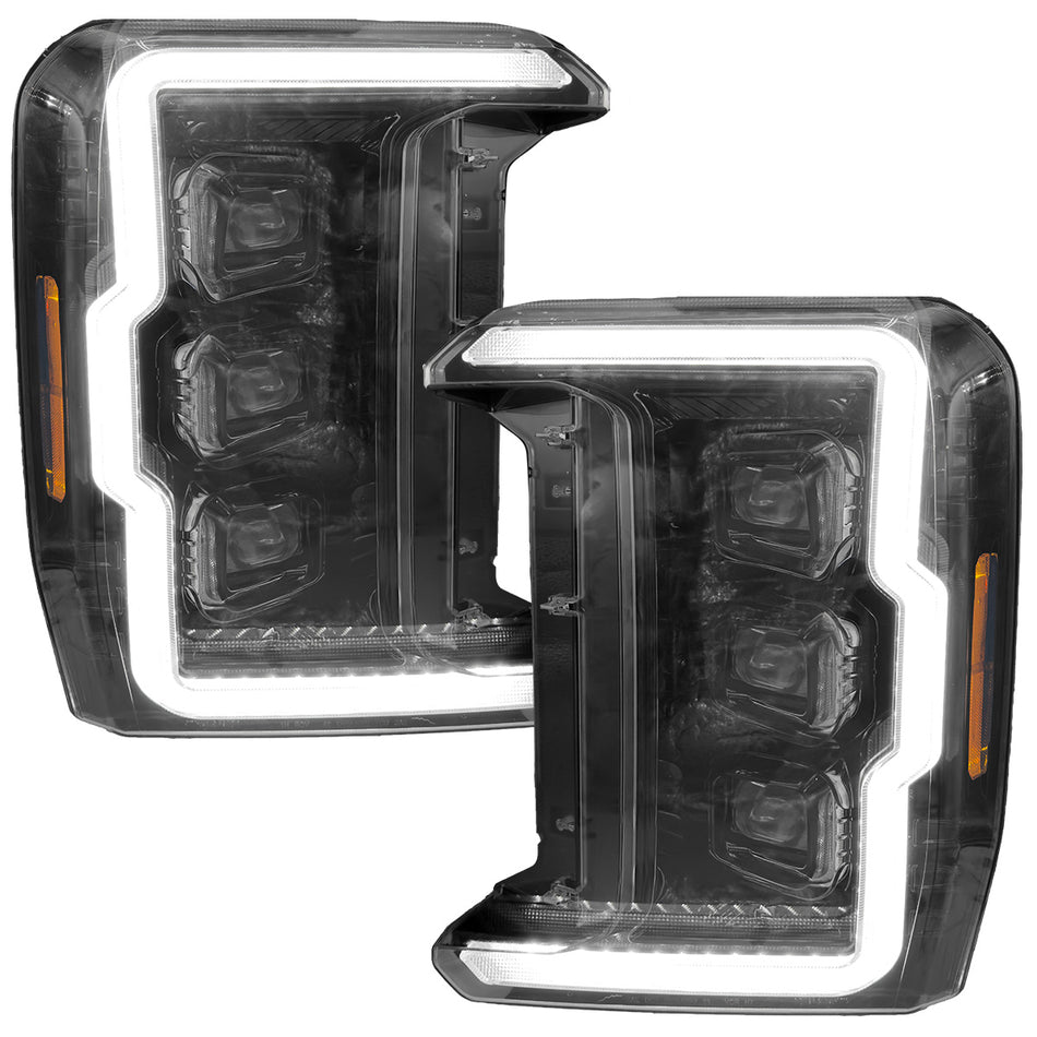Ford 23-26 Super Duty (F250, F350, F450, F550) Full LED Projector Headlights Ultra High Power White OLED DRL & Scanning Amber Turn Signals w/ Startup Light Sequence - Smoked / Black