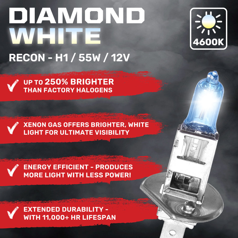 H1 12V 55W Xenon Gas Filled Headlight Bulbs in Diamond White - 4600K Color