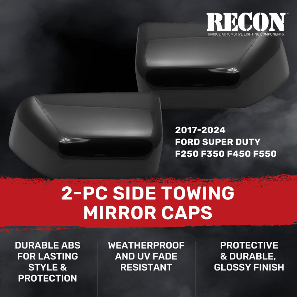 Ford 17-24 Super Duty F250 F350 F450 Durable ABS 2-Pc Kit Upgrade Replacement Towing Side Mirror Caps - Glossy Black