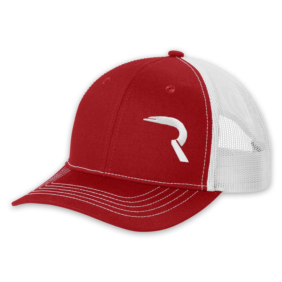 RECON "R" Trucker Snapback Hat - Red Front/White Mesh with White Logo
