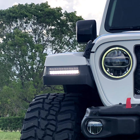 Jeep JL Wrangler / Gladiator 18-20 White OLED DRL with High Power Amber Scanning Switchback OLED Turn Signal 2-Piece Set Clear Clear closeup