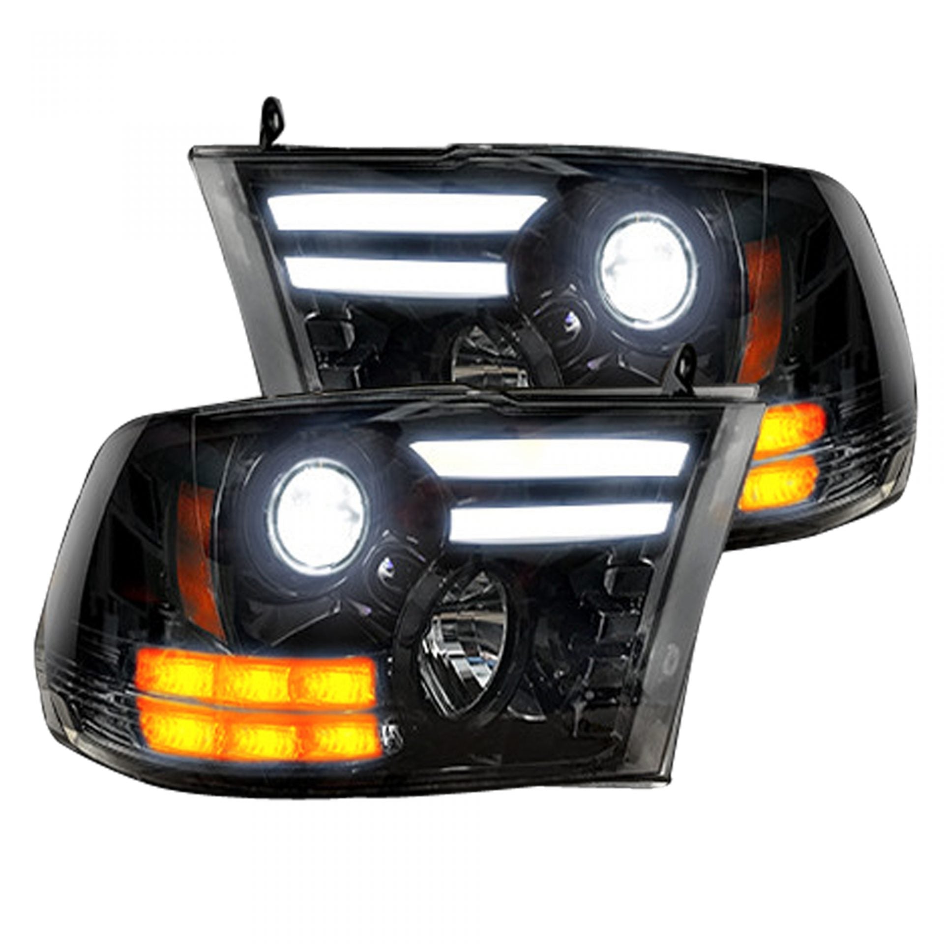 Dodge RAM 1500 14-19 &amp; 2500/3500 15-18 Projector Headlights OLED DRL &amp; LED Signals Smoked/Black
