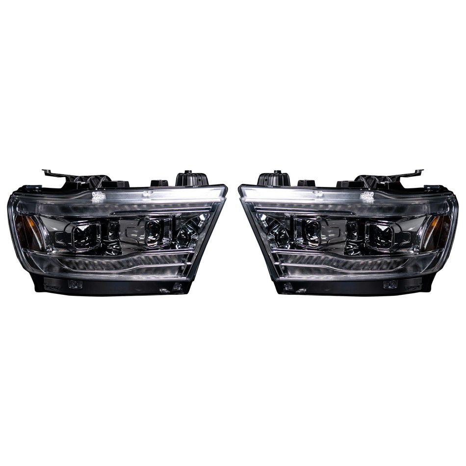 Dodge RAM 1500 19-23 5th Gen LED Hi & Low Beam Projector Headlights OLED DRL & Scanning Switchback LED Signals Clear / Chrome (Attn: Replaces OEM halogen headlights ONLY)