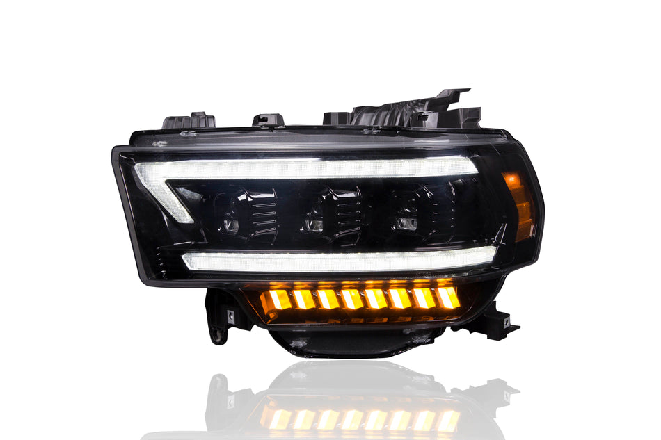 Dodge RAM 19-23 2500/3500 5th GEN Body Style w/ OEM Halogen & Standard Reflector Housing - LED PROJECTOR HEADLIGHTS w/ Ultra High Power Smooth OLED DRL & SCANNING SWITCHBACK High Power Amber LED Turn Signals - Smoked / Black