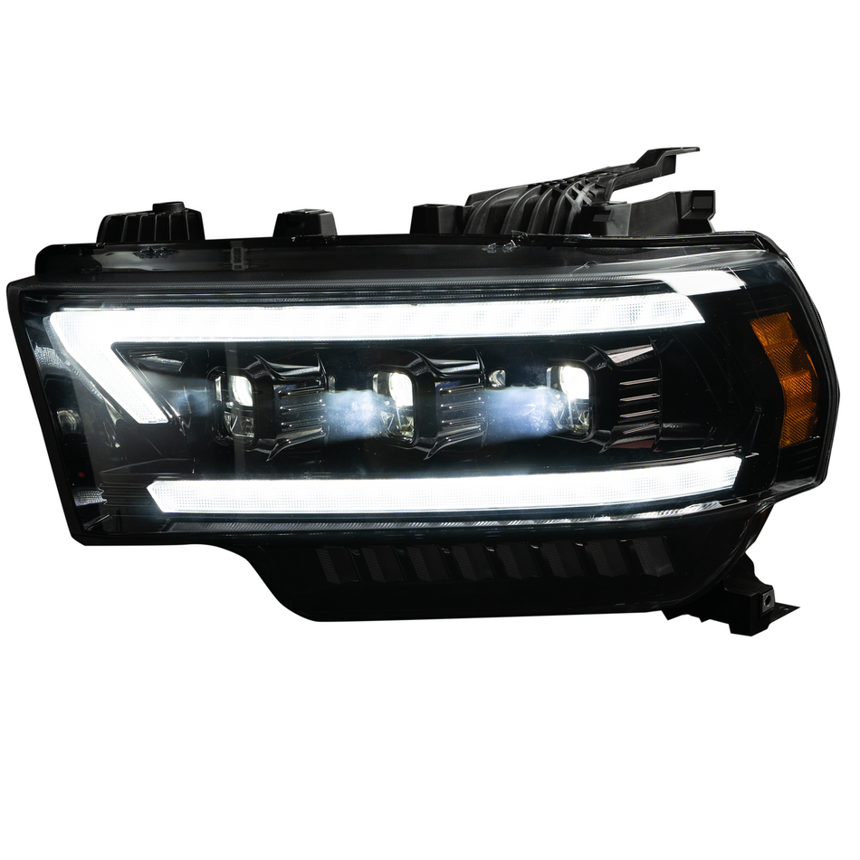 Dodge RAM 19-23 2500/3500 5th GEN Body Style w/ OEM Halogen & Standard Reflector Housing - LED PROJECTOR HEADLIGHTS w/ Ultra High Power Smooth OLED DRL & SCANNING SWITCHBACK High Power Amber LED Turn Signals - Smoked / Black