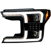 Lit Ford F150 18-19 Projector Headlights OLED DRL, LED Turn Signals Smoked/Black