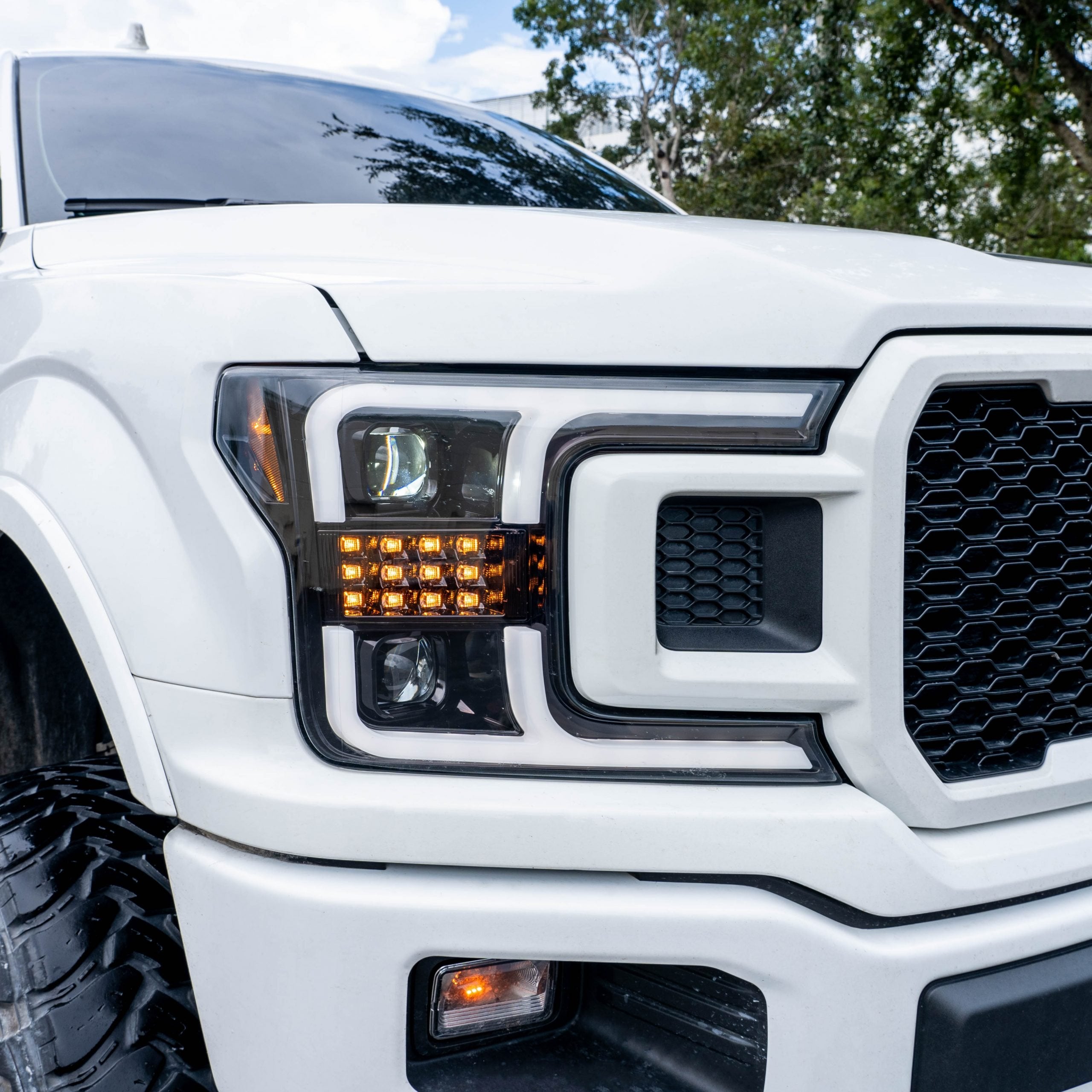 Ford F150 18-19 Projector Headlights OLED DRL, LED Turn Signals Smoked/Black angled view