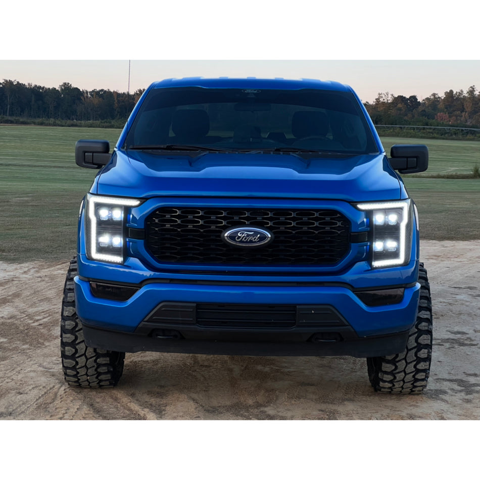 Ford F150 21-23 LED HEADLIGHTS w/ Ultra High Power LED HI & LOW BEAM & Smooth OLED DRL & SCANNING SWITCHBACK Amber LED Turn Signals (Replaces OEM Halogen Style Head Lights Only) - Smoked / Black
